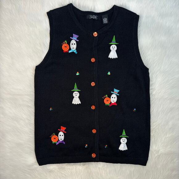 Y2K Crystal Kobe Ugly Halloween Sweater Vest with Embroidered Ghosts - Picture 1 of 6
